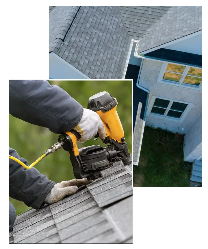 Collage image of asphalt shingles on a residential home