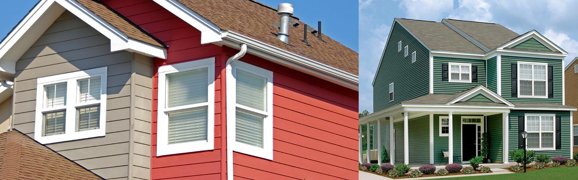 Two homes: one has red and light brown siding, while the other has green siding